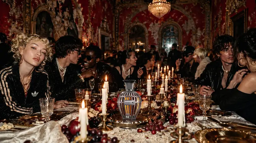 A long candlelit banquet table in a faded red baroque ballroom under a crystal chandelier, young guests in black and pearls talking around a crystal-caged perfume flacon at its centre